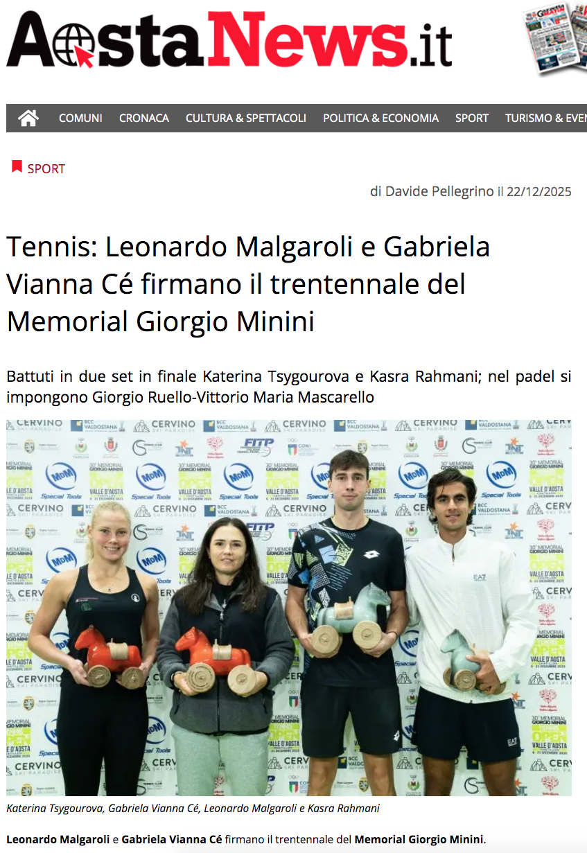 Tennis: Leonardo Malgaroli e Gabriela Vianna Cè firmano il trentennale del Memorial Giorgio Minini