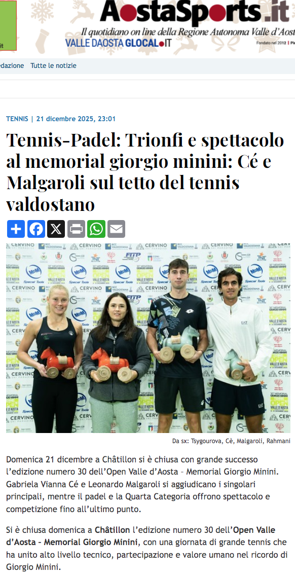 Tennis-Padel: Trionfi e spettacolo al memorial Giorgio Minini: Cè e Malgaroli sul tetto del tennis valdostano